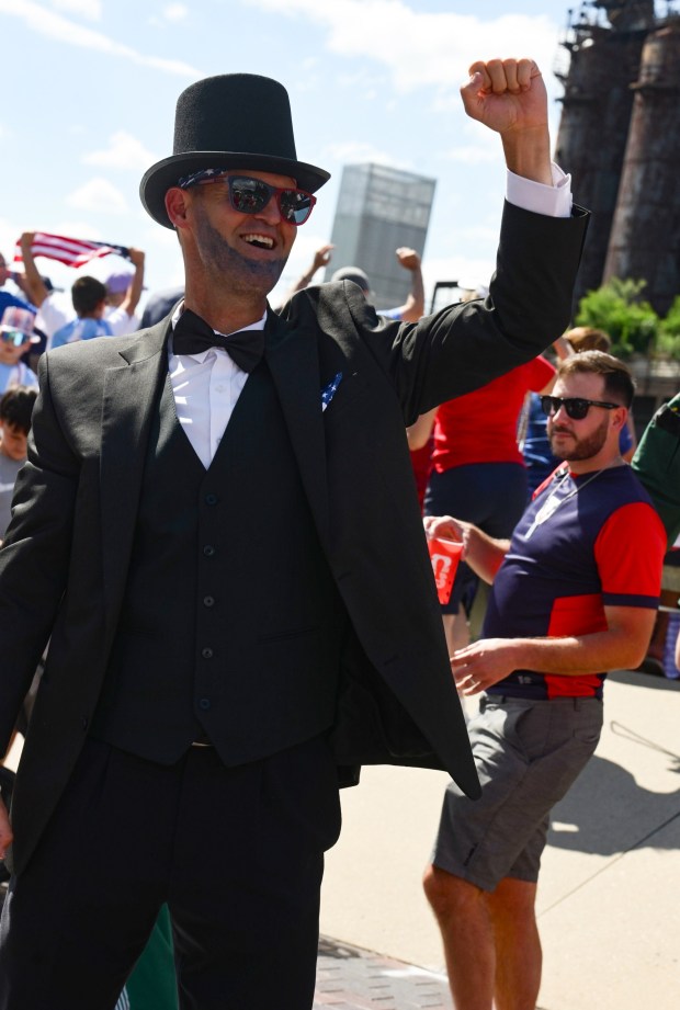 Soccer fan, Scott Bechtel of Emmaus, dressed up as Abraham Lincoln to cheer on the USA as they play Australia on Friday, June 19, 2026, at the Lehigh Valley SoccerFest and Viewing Party at SteelStacks in Bethlehem. (Monica Cabrera/The Morning Call)