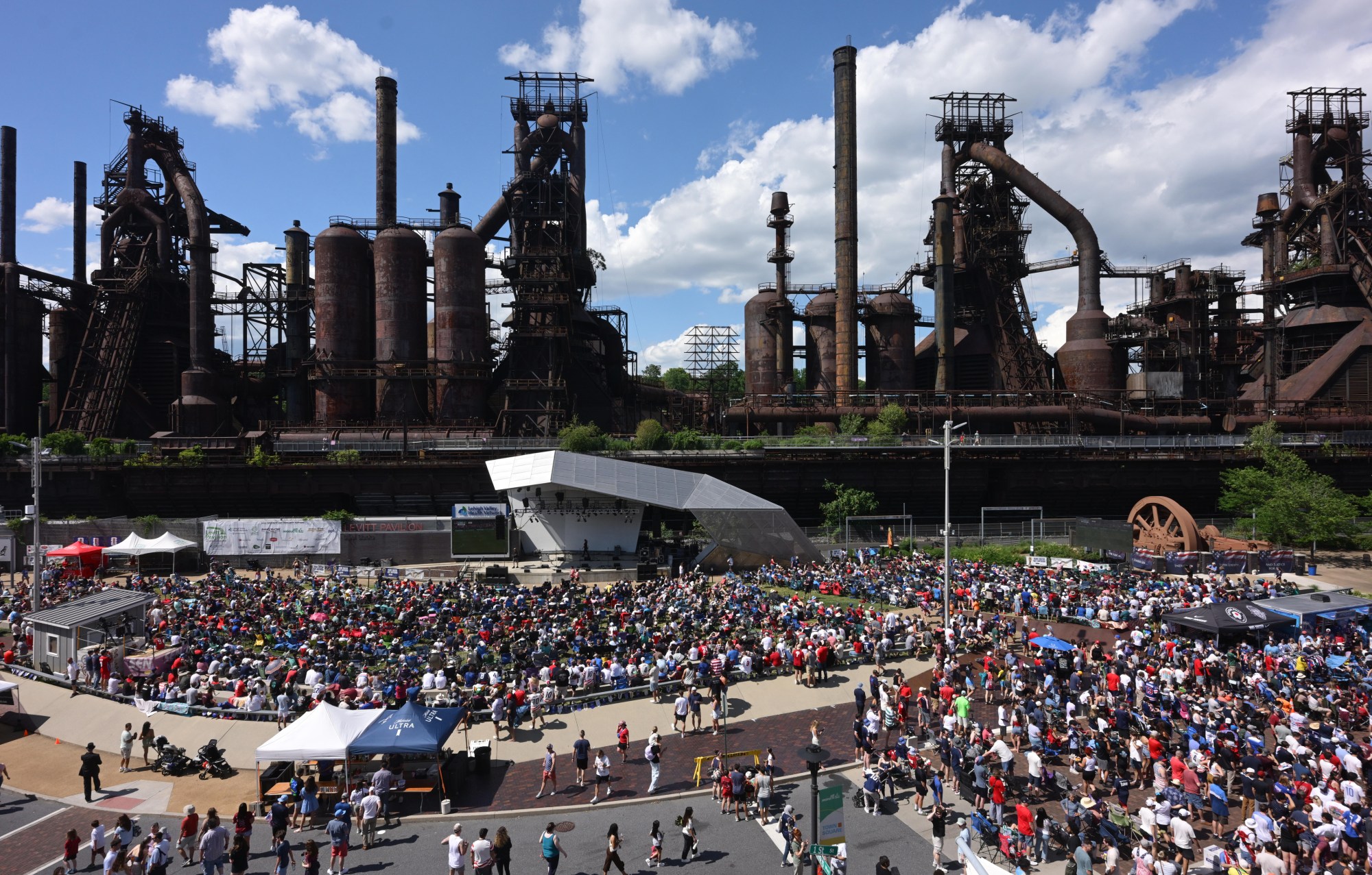Soccer fans gather on Friday, June 19, 2026, to see United States defeat Australia 2-0 to reach World Cup knockouts at the Lehigh Valley SoccerFest and Viewing Party at SteelStacks in Bethlehem. (Monica Cabrera/The Morning Call)