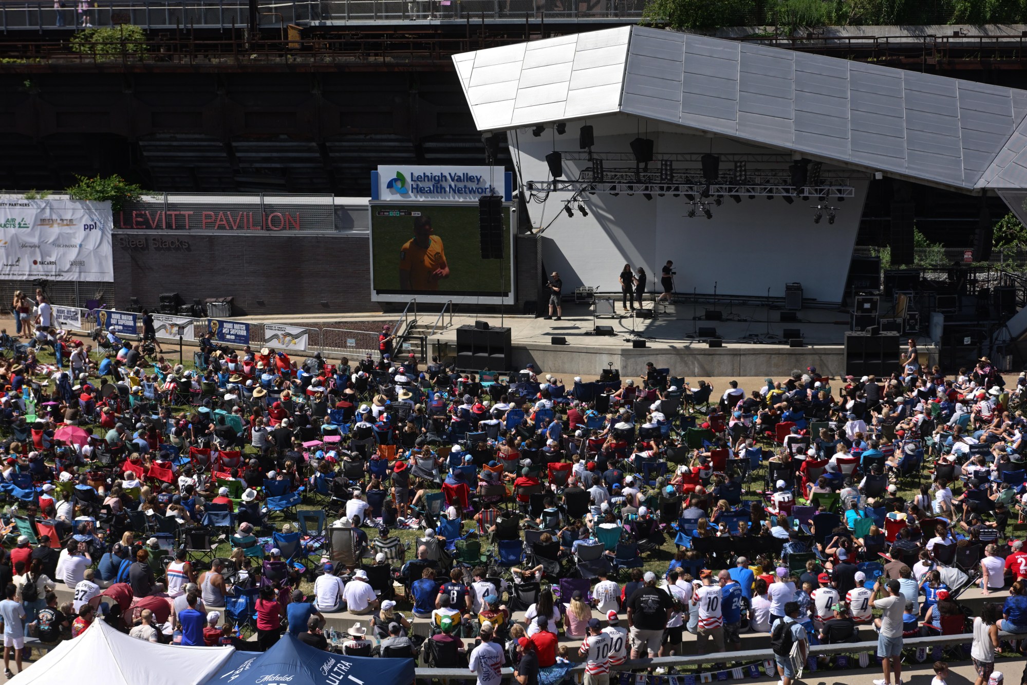 Soccer fans gather on Friday, June 19, 2026, to see United States defeat Australia 2-0 to reach World Cup knockouts at the Lehigh Valley SoccerFest and Viewing Party at SteelStacks in Bethlehem. (Monica Cabrera/The Morning Call)
