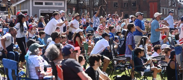 Soccer fans gather on Friday, June 19, 2026, to see United States defeat Australia 2-0 to reach World Cup knockouts at the Lehigh Valley SoccerFest and Viewing Party at SteelStacks in Bethlehem. (Monica Cabrera/The Morning Call)