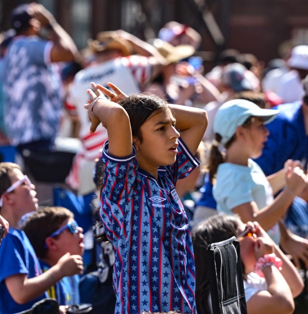 Soccer fans gather on Friday, June 19, 2026, to see United States defeat Australia 2-0 to reach World Cup knockouts at the Lehigh Valley SoccerFest and Viewing Party at SteelStacks in Bethlehem. (Monica Cabrera/The Morning Call)