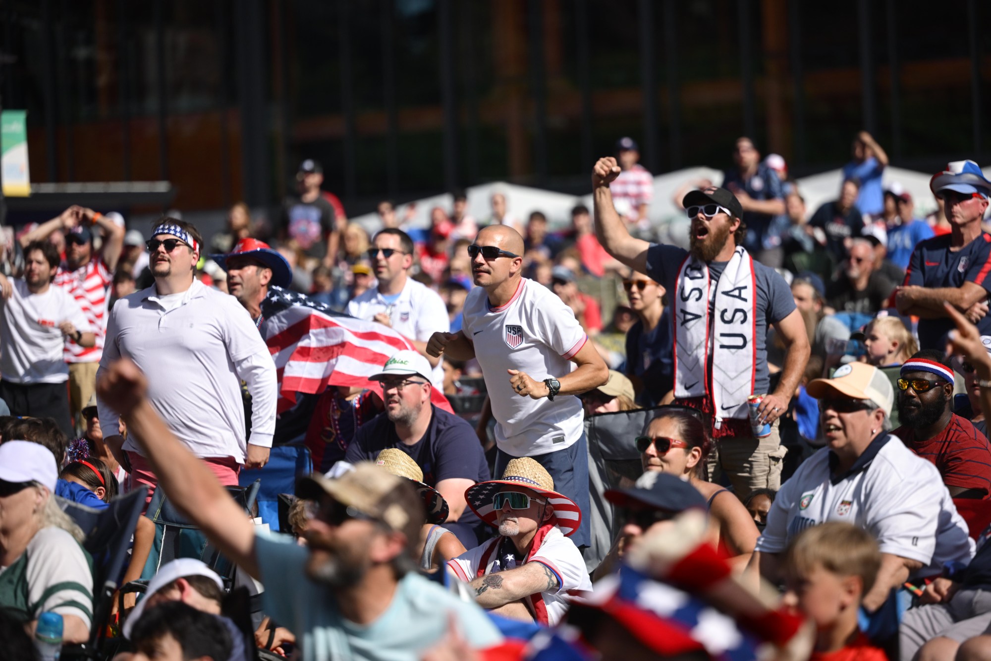 Soccer fans gather on Friday, June 19, 2026, to see United States defeat Australia 2-0 to reach World Cup knockouts at the Lehigh Valley SoccerFest and Viewing Party at SteelStacks in Bethlehem. (Monica Cabrera/The Morning Call)