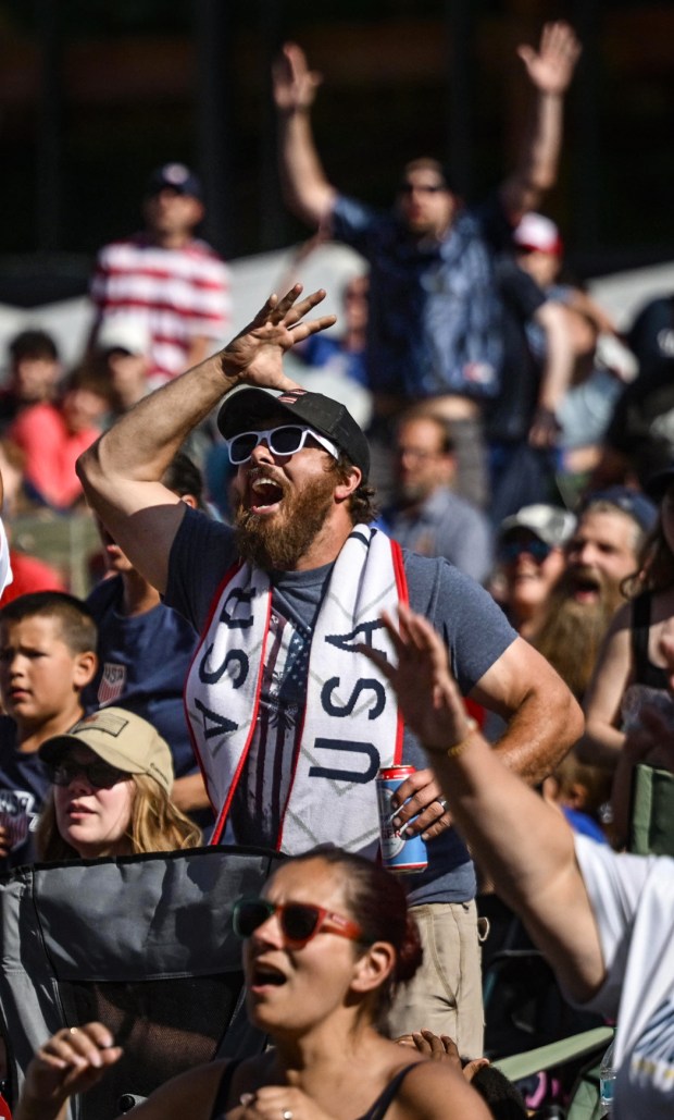 Soccer fans gather on Friday, June 19, 2026, to see United States defeat Australia 2-0 to reach World Cup knockouts at the Lehigh Valley SoccerFest and Viewing Party at SteelStacks in Bethlehem. (Monica Cabrera/The Morning Call)
