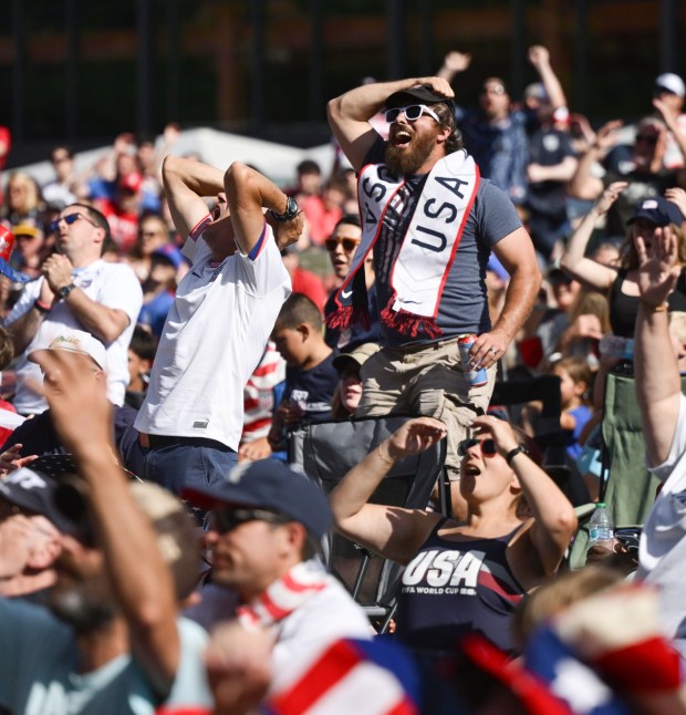 Soccer fans gather on Friday, June 19, 2026, to see United States defeat Australia 2-0 to reach World Cup knockouts at the Lehigh Valley SoccerFest and Viewing Party at SteelStacks in Bethlehem. (Monica Cabrera/The Morning Call)