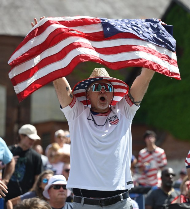 Pat Nelson of Whitehall celebrates after United States scores a goal Friday, June 19, 2026, to defeat Australia 2-0 and reach World Cup knockouts during the Lehigh Valley SoccerFest and Viewing Party at SteelStacks in Bethlehem. (Monica Cabrera/The Morning Call)