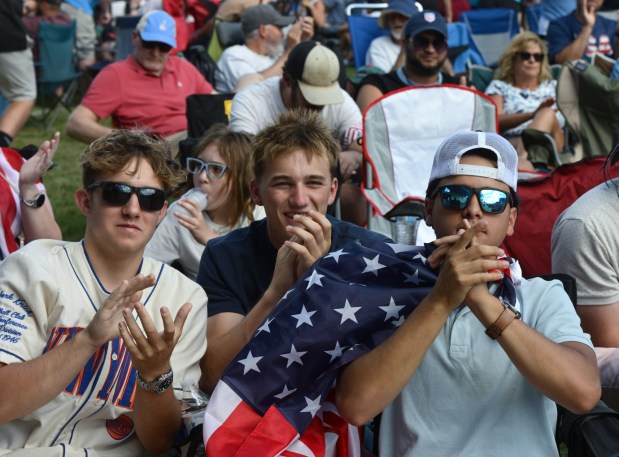 Brady Morgan, left, of Breinigsville, Logan McEvoy, of Allentown, and Jesus Vargas, of Fogelsville, joined other soccer fans on Friday, June 19, 2026, to see United States defeat Australia 2-0 to reach World Cup knockouts at the Lehigh Valley SoccerFest and Viewing Party at SteelStacks in Bethlehem. (Monica Cabrera/The Morning Call)