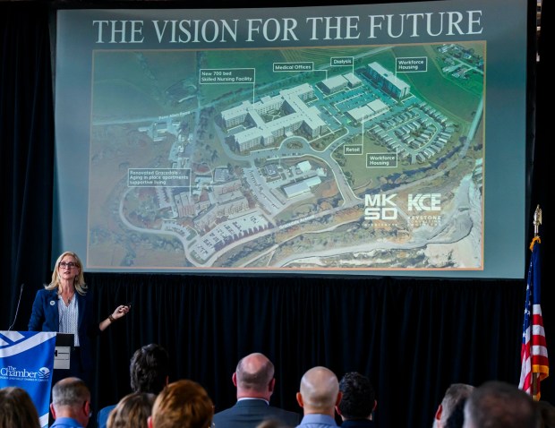 Northampton County Executive Tara Zrinski speaks Wednesday, June 24, 2026, during her first State of the County address at the National Museum of Industrial History in Bethlehem. Zrinski unveiled a plan for a Gracedale nursing home campus, with a new 700-bed skilled nursing facility, dialysis center, workforce housing and retail area. (April Gamiz/The Morning Call)