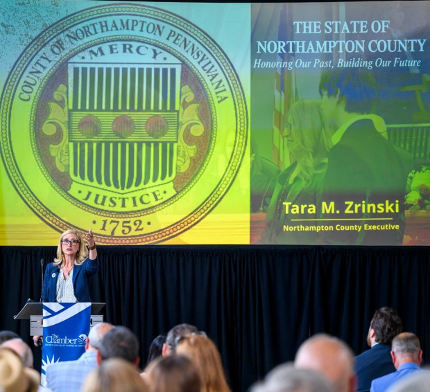 Northampton County Executive Tara Zrinski speaks Wednesday, June 24, 2026, during her first State of the County address at the National Museum of Industrial History in Bethlehem. Zrinski unveiled a plan for a Gracedale nursing home campus, with a new 700-bed skilled nursing facility, dialysis center, workforce housing and retail area. (April Gamiz/The Morning Call)