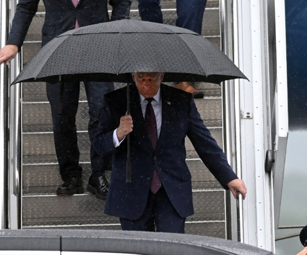 President Donald J. Trump arrives at Reading Regional Airport in Bern Township in the rain before proceeding to Mack Trucks in Macungie on Tuesday, June 23, 2026.(BILL UHRICH/READING EAGLE)
