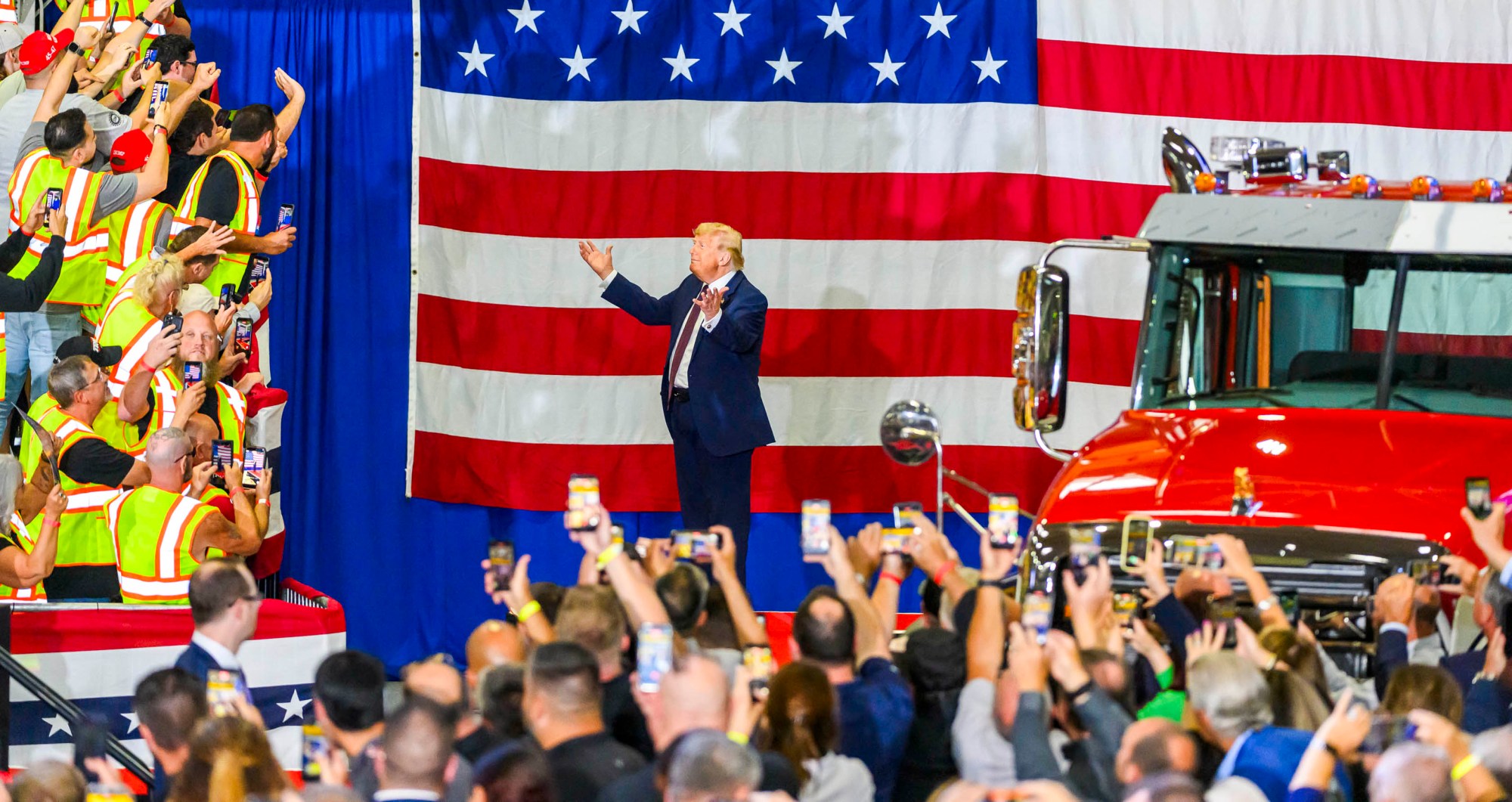 President Donald J. Trump greets the crowd Tuesday, June 23, 2026, at Mack Truck in Lower Macungie Township. (April Gamiz/The Morning Call)