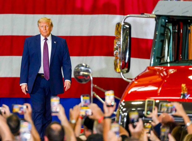 President Donald J. Trump greets the crowd Tuesday, June 23, 2026, at Mack Truck in Lower Macungie Township. (April Gamiz/The Morning Call)