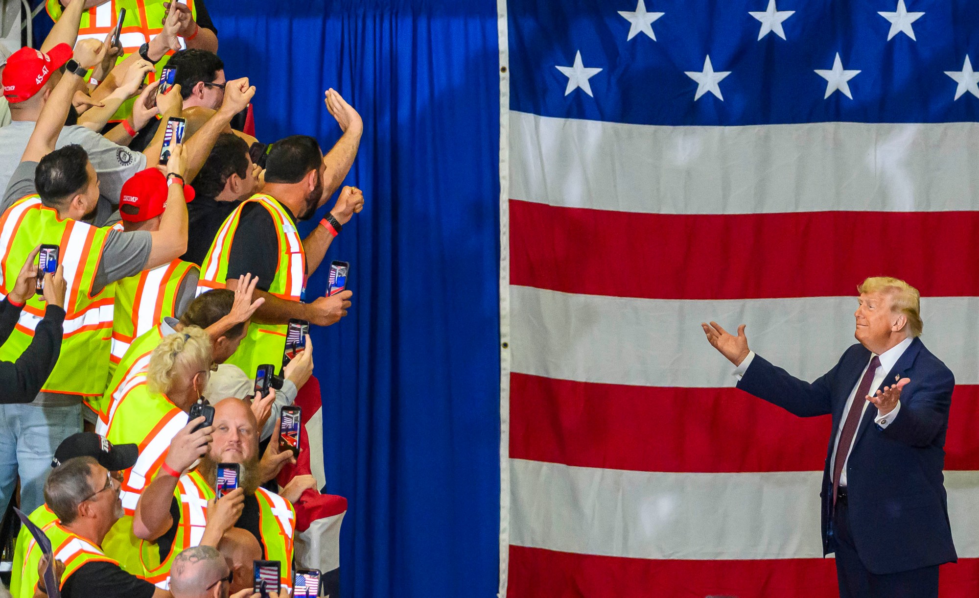 President Donald J. Trump greets the crowd Tuesday, June 23, 2026, at Mack Truck in Lower Macungie Township. (April Gamiz/The Morning Call)