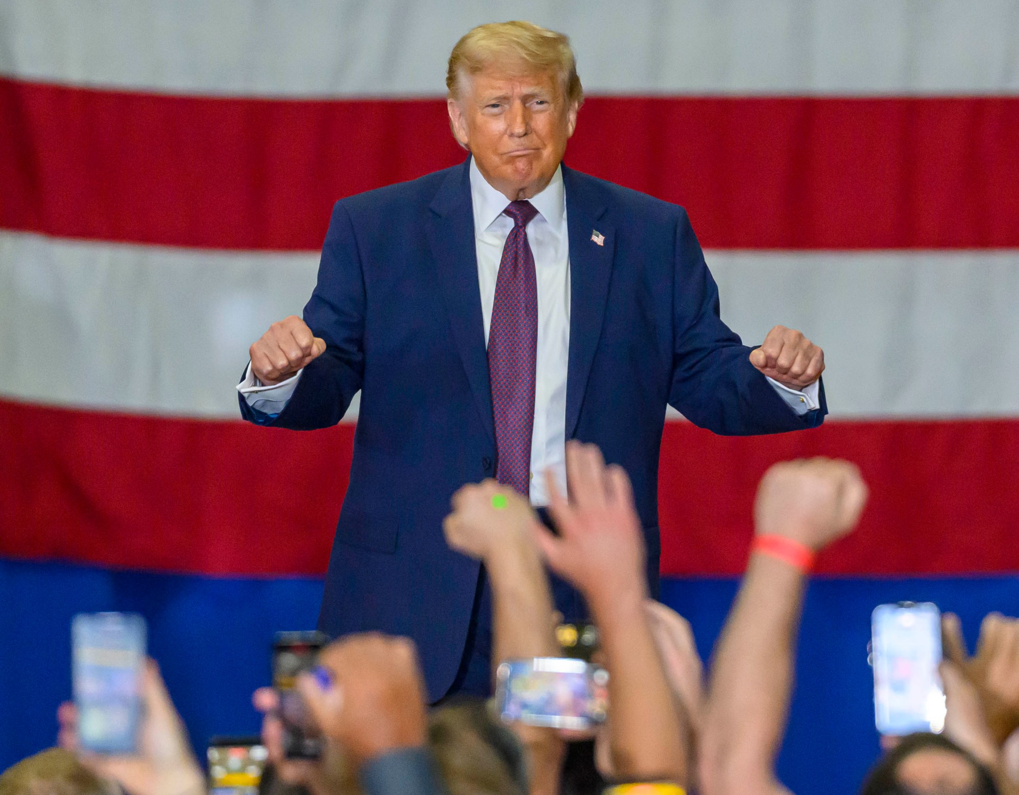President Donald J. Trump greets the crowd Tuesday, June 23, 2026, at Mack Truck in Lower Macungie Township. (April Gamiz/The Morning Call)