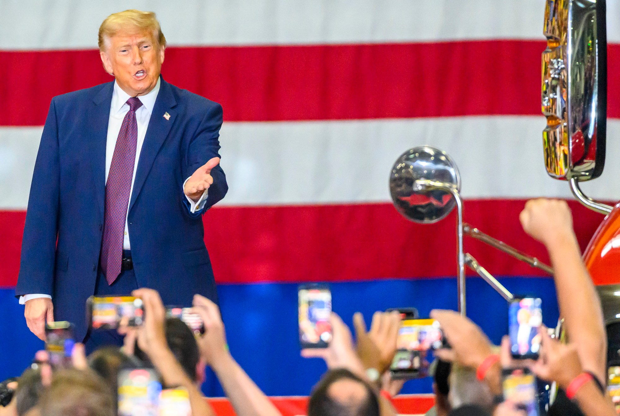 President Donald J. Trump greets the crowd Tuesday, June 23, 2026, at Mack Truck in Lower Macungie Township. (April Gamiz/The Morning Call)