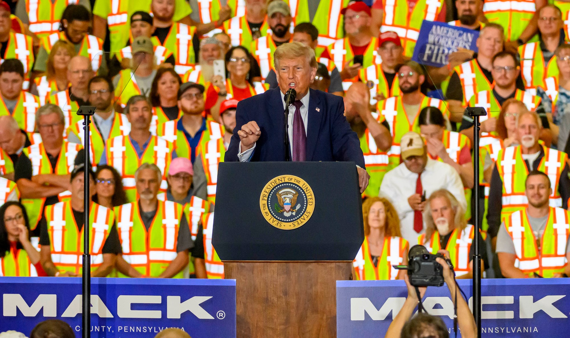 President Donald J. Trump speaks Tuesday, June 23, 2026, at Mack Truck in Lower Macungie Township. (April Gamiz/The Morning Call)