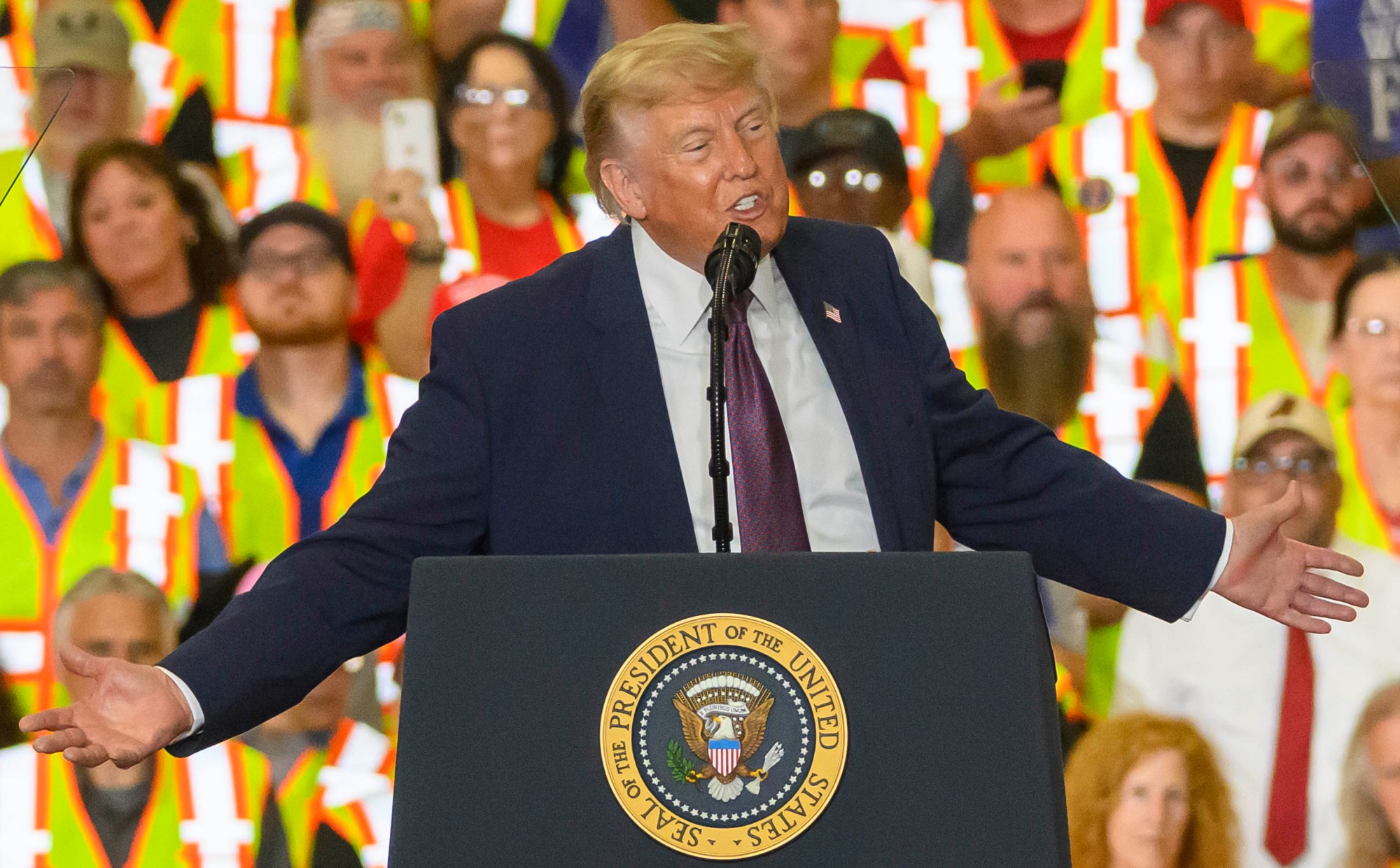 President Donald J. Trump speaks Tuesday, June 23, 2026, at Mack Truck in Lower Macungie Township. (April Gamiz/The Morning Call)