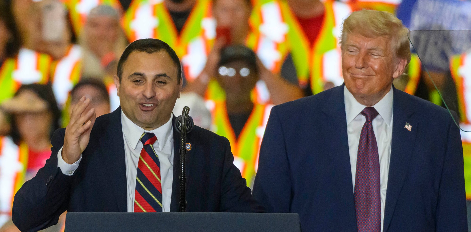 Sam Elias, a Bethlehem police sergeant is called on stage by President Donald J. Trump Tuesday, June 23, 2026, at Mack Truck in Lower Macungie Township. (April Gamiz/The Morning Call)