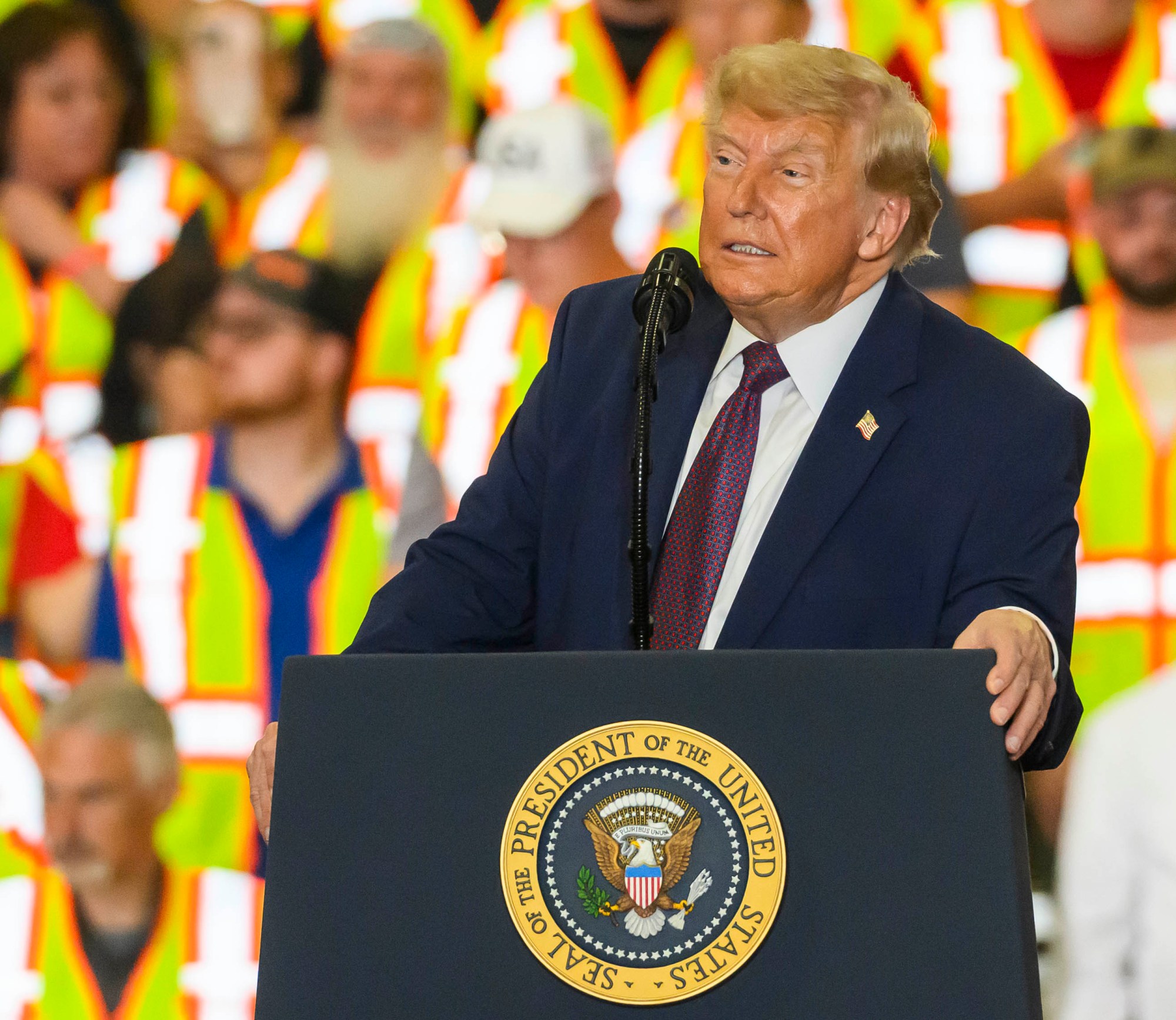 President Donald J. Trump speaks Tuesday, June 23, 2026, at Mack Truck in Lower Macungie Township. (April Gamiz/The Morning Call)