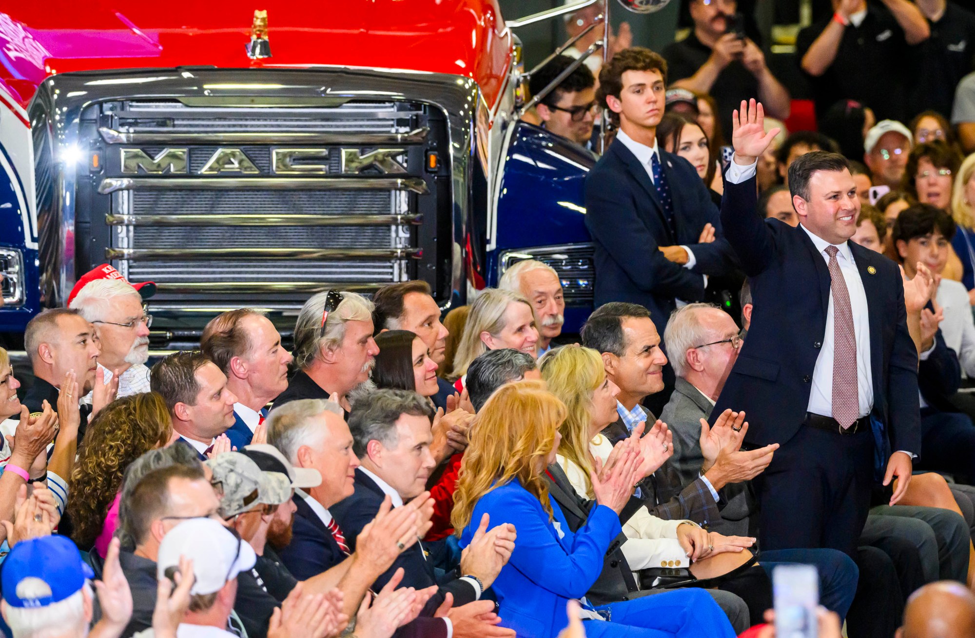 Rep. Ryan Mackenzie, R-7th District, is called on stage by President Donald J. Trump Tuesday, June 23, 2026, at Mack Truck in Lower Macungie Township. (April Gamiz/The Morning Call)