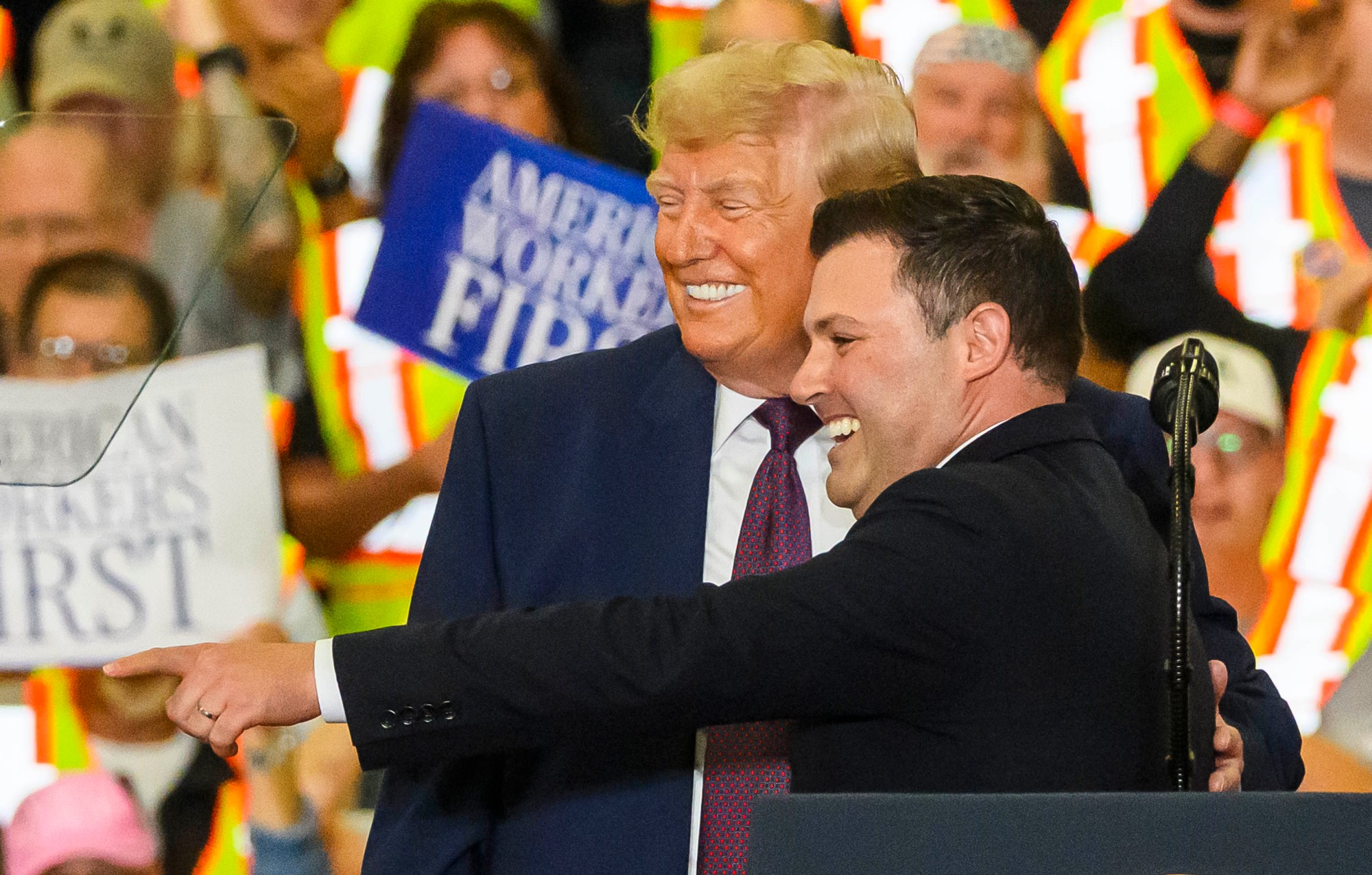 Rep. Ryan Mackenzie, R-7th District, is called on stage by President Donald J. Trump Tuesday, June 23, 2026, at Mack Truck in Lower Macungie Township. (April Gamiz/The Morning Call)