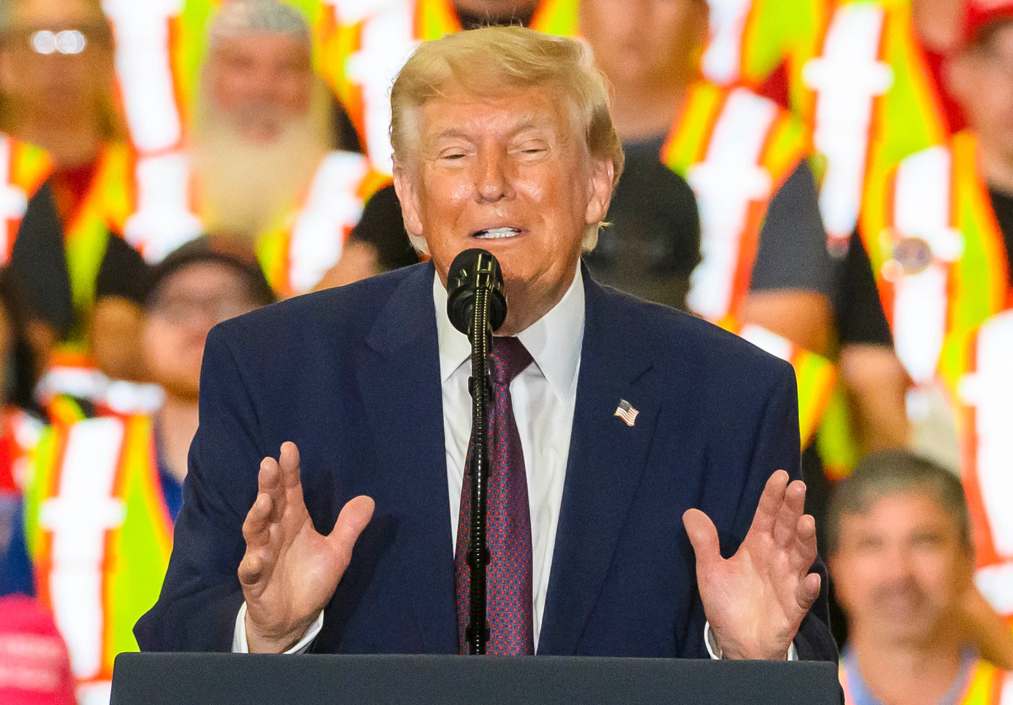 President Donald J. Trump speaks Tuesday, June 23, 2026, at Mack Truck in Lower Macungie Township. (April Gamiz/The Morning Call)