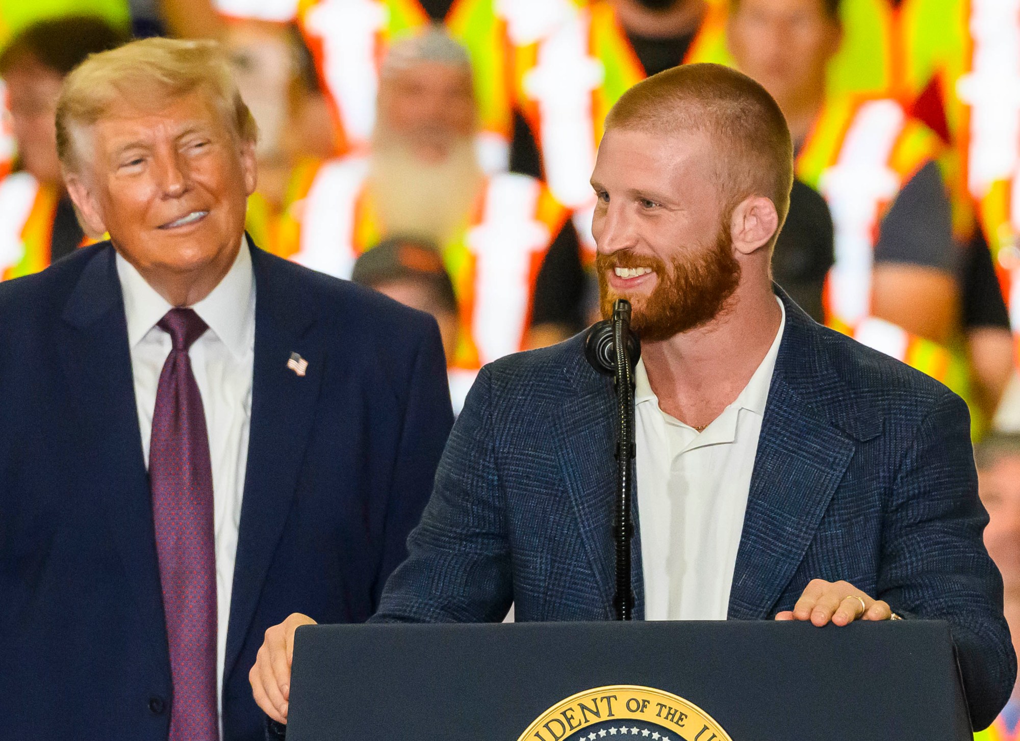 UFC fighter Bo Nickel thanks President Donald J. Trump Tuesday, June 23, 2026, at Mack Truck in Lower Macungie Township. (April Gamiz/The Morning Call)
