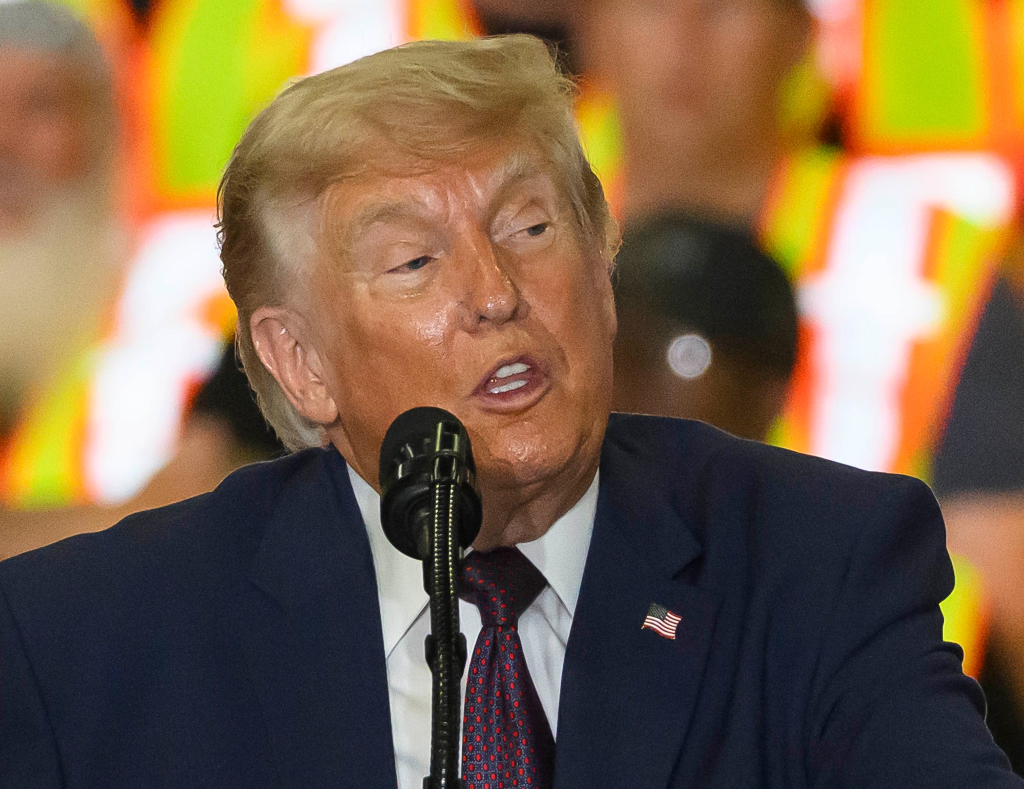 President Donald J. Trump speaks Tuesday, June 23, 2026, at Mack Truck in Lower Macungie Township. (April Gamiz/The Morning Call)