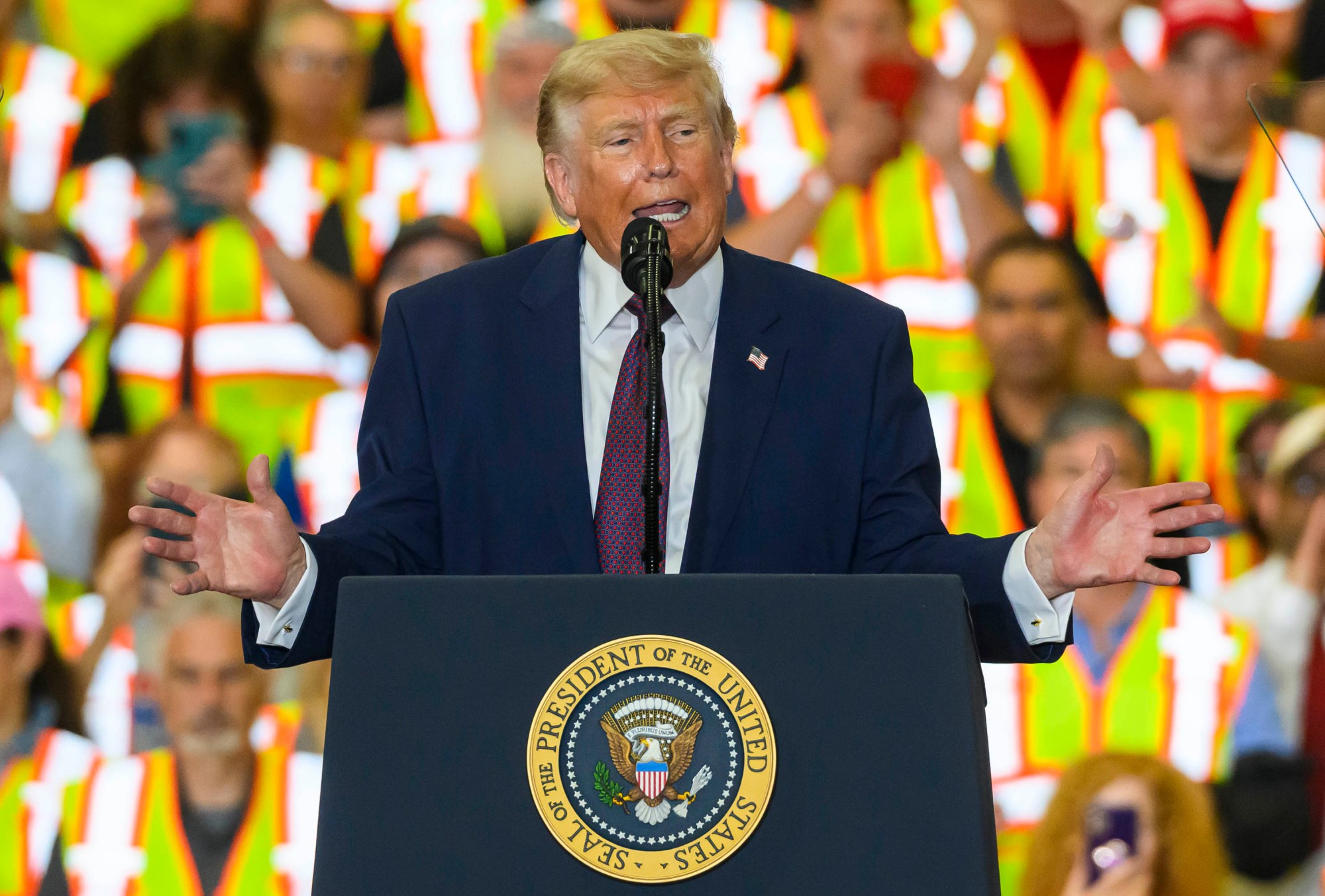 President Donald J. Trump speaks Tuesday, June 23, 2026, at Mack Truck in Lower Macungie Township. (April Gamiz/The Morning Call)