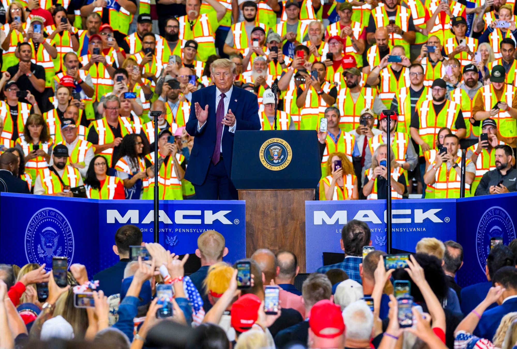 President Donald J. Trump speaks Tuesday, June 23, 2026, at Mack Truck in Lower Macungie Township. (April Gamiz/The Morning Call)
