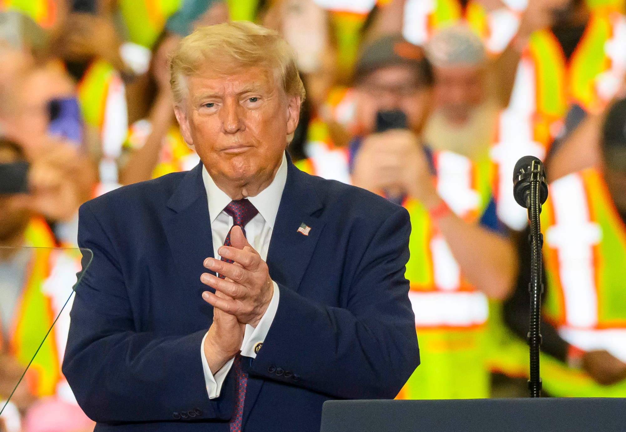 President Donald J. Trump dances Tuesday, June 23, 2026, at Mack Truck in Lower Macungie Township. (April Gamiz/The Morning Call)