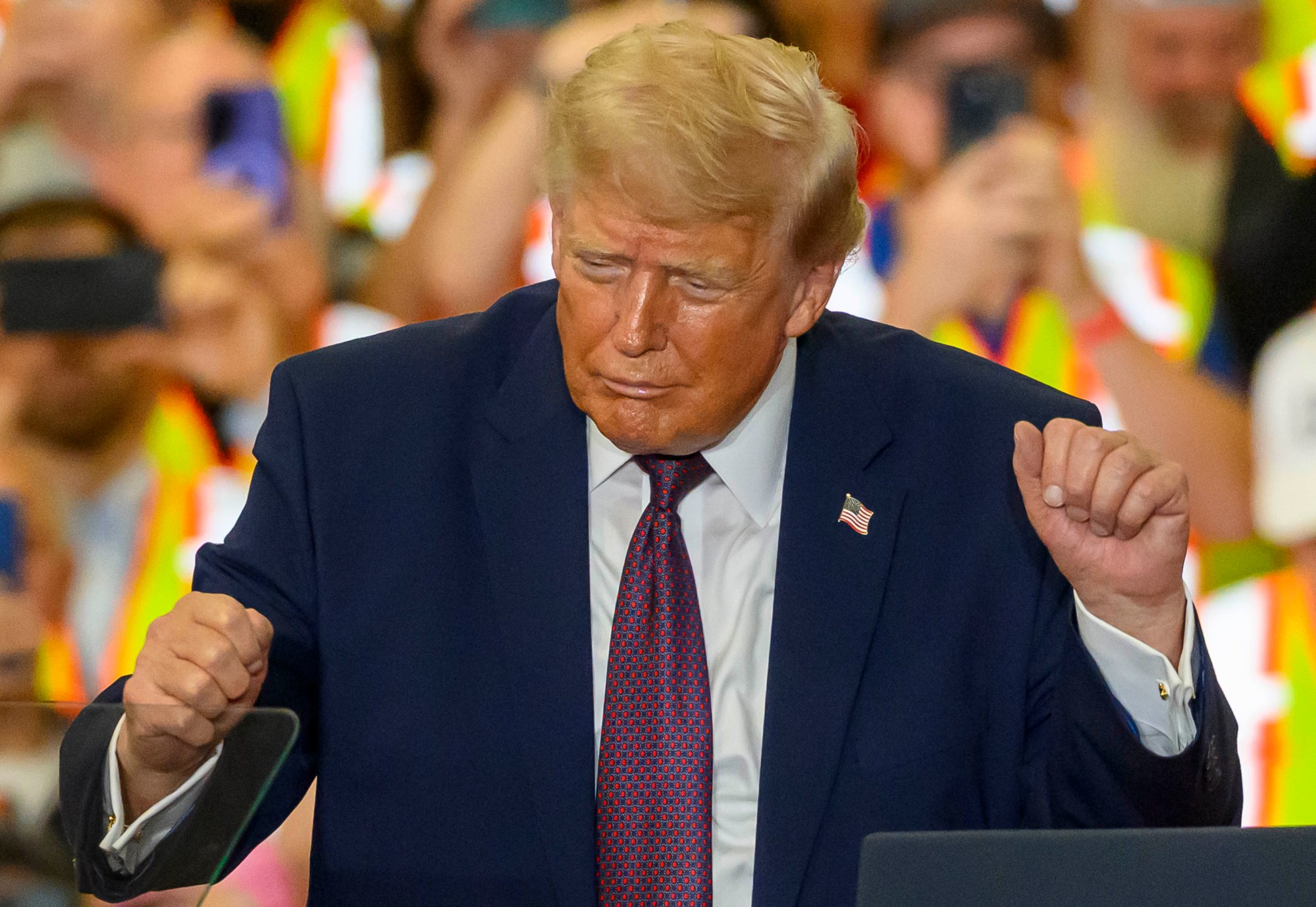 President Donald J. Trump dances Tuesday, June 23, 2026, at Mack Truck in Lower Macungie Township. (April Gamiz/The Morning Call)