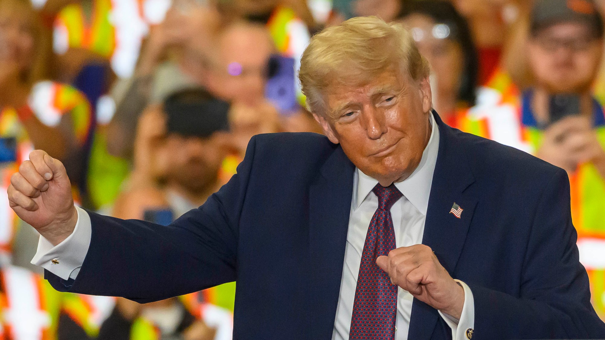 President Donald J. Trump dances Tuesday, June 23, 2026, at Mack Truck in Lower Macungie Township. (April Gamiz/The Morning Call)
