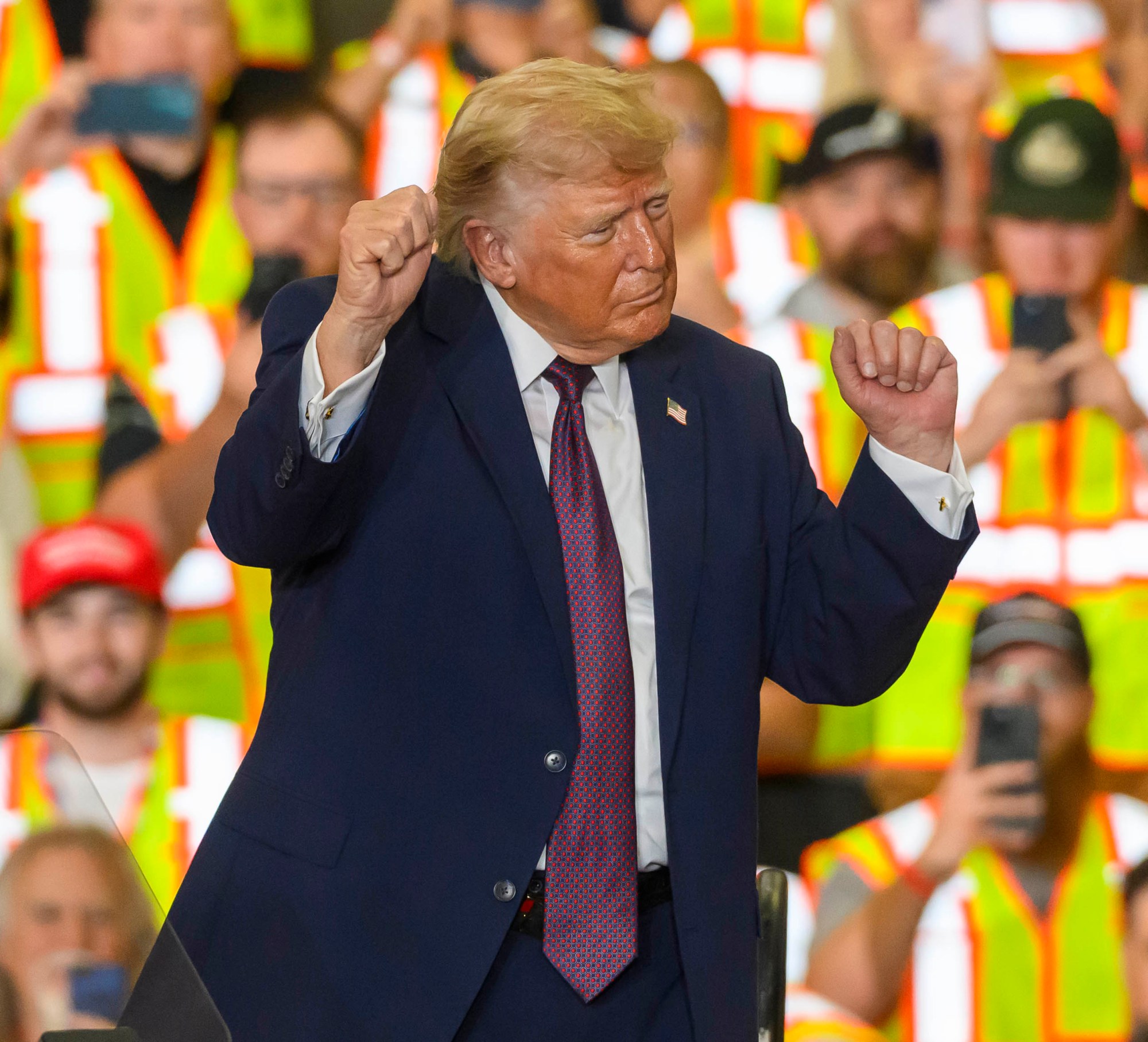 President Donald J. Trump dances Tuesday, June 23, 2026, at Mack Truck in Lower Macungie Township. (April Gamiz/The Morning Call)