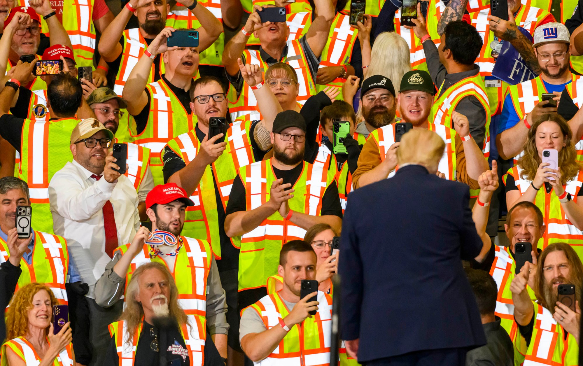 President Donald J. Trump ends his speach Tuesday, June 23, 2026, at Mack Truck in Lower Macungie Township. (April Gamiz/The Morning Call)