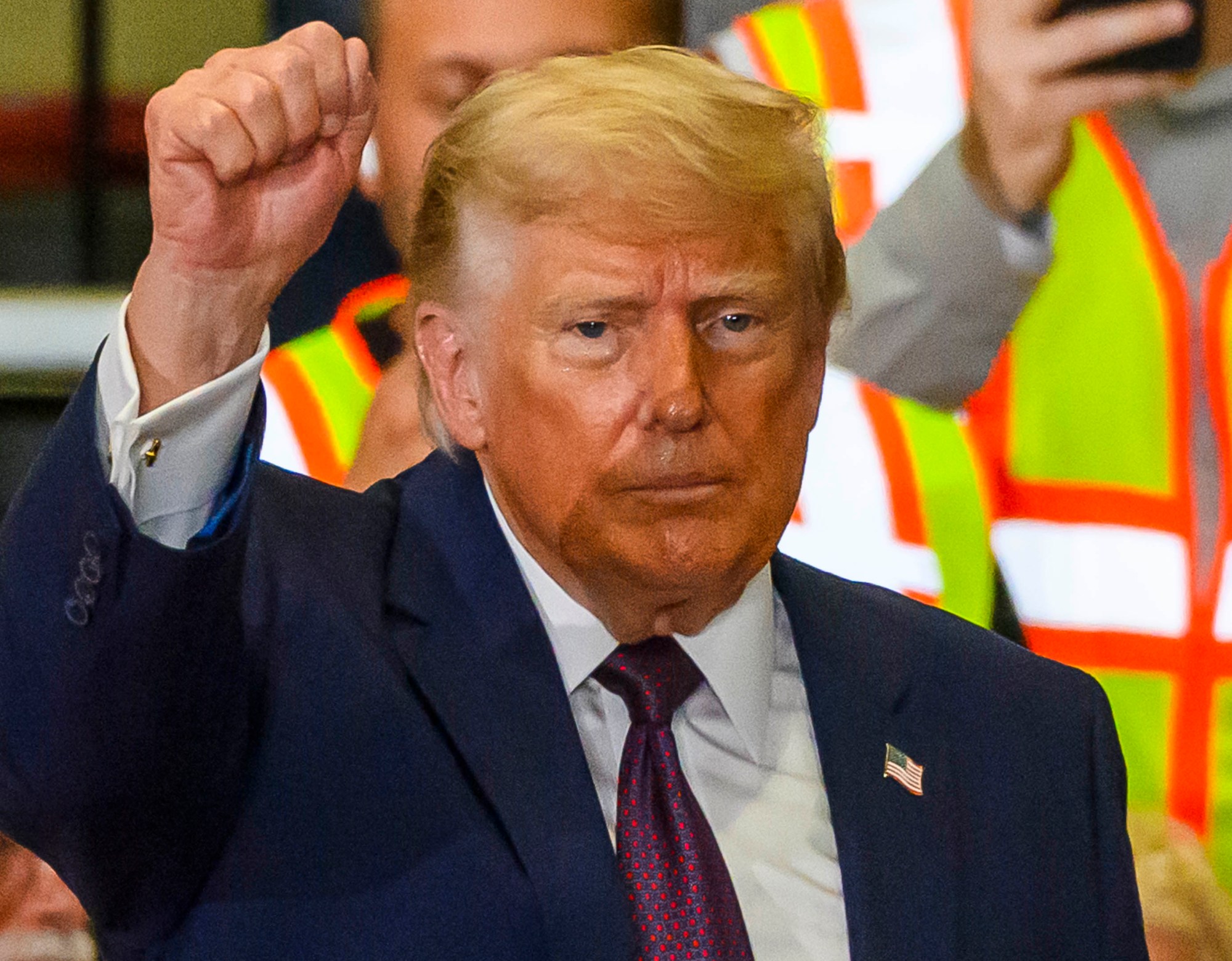 President Donald J. Trump ends his speach Tuesday, June 23, 2026, at Mack Truck in Lower Macungie Township. (April Gamiz/The Morning Call)