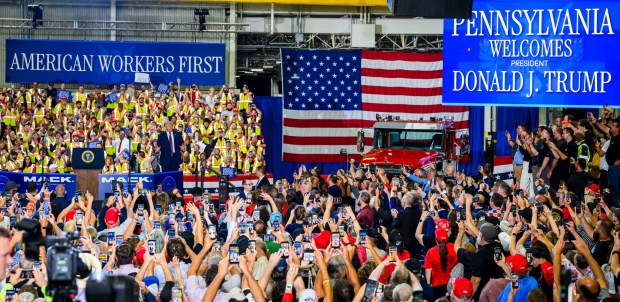 President Donald J. Trump speaks Tuesday, June 23, 2026, at Mack Truck in Lower Macungie Township. (April Gamiz/The Morning Call)