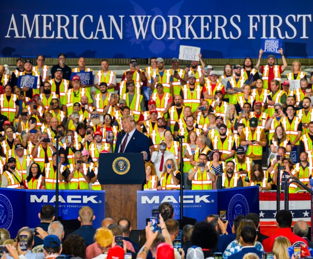 President Donald J. Trump speaks Tuesday, June 23, 2026, at Mack Truck in Lower Macungie Township. (April Gamiz/The Morning Call)