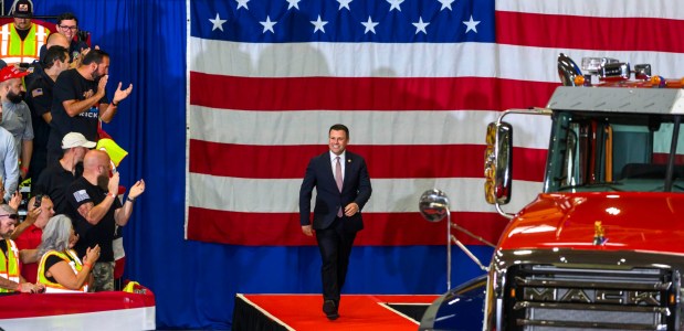 Rep. Ryan Mackenzie, R-7th District, speaks Tuesday, June 23, 2026, before President Donald J. Trump takes the stage at Mack Truck in Lower Macungie Township. (April Gamiz/The Morning Call)