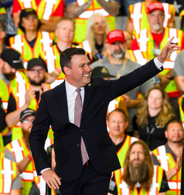Rep. Ryan Mackenzie, R-7th District, speaks Tuesday, June 23, 2026, before President Donald J. Trump takes the stage at Mack Truck in Lower Macungie Township. (April Gamiz/The Morning Call)
