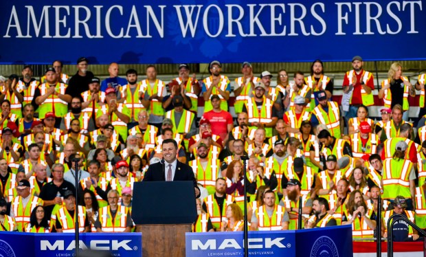 Rep. Ryan Mackenzie, R-7th District, speaks Tuesday, June 23, 2026, before President Donald J. Trump takes the stage at Mack Truck in Lower Macungie Township. (April Gamiz/The Morning Call)