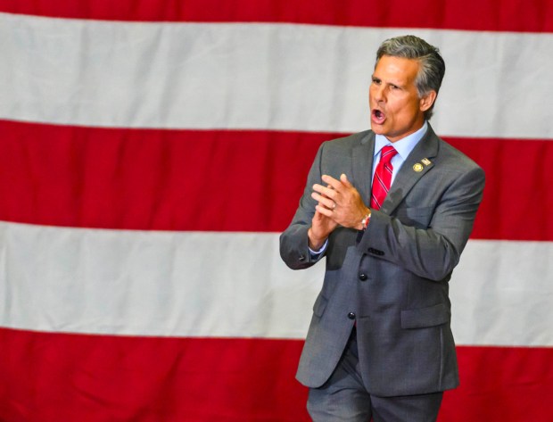 Rep. Dan Meuser, R-9th District, speaks Tuesday, June 23, 2026, before President Donald J. Trump takes the stage at Mack Truck in Lower Macungie Township. (April Gamiz/The Morning Call)