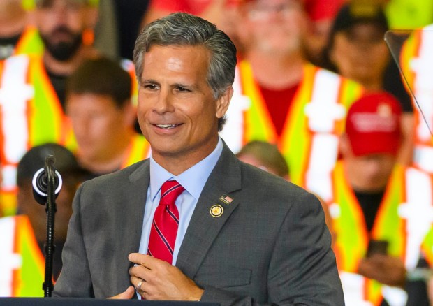 Rep. Dan Meuser, R-9th District, speaks Tuesday, June 23, 2026, before President Donald J. Trump takes the stage at Mack Truck in Lower Macungie Township. (April Gamiz/The Morning Call)