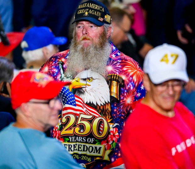 The crowd gets hyped up Tuesday, June 23, 2026, before President Donald J. Trump takes the stage at Mack Truck in Lower Macungie Township. (April Gamiz/The Morning Call)