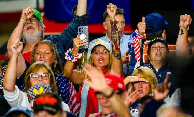The crowd gets hyped up Tuesday, June 23, 2026, before President Donald J. Trump takes the stage at Mack Truck in Lower Macungie Township. (April Gamiz/The Morning Call)