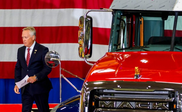 Stephen Roy, President Mack Trucks takes the stage Tuesday, June 23, 2026, before President Donald J. Trump takes the stage at Mack Truck in Lower Macungie Township. (April Gamiz/The Morning Call)