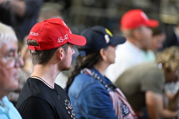 People get ready to take their seats Tuesday, June 23, 2026, to see President Donald Trump speak at the Mack Truck plant in Lower Macungie Township. (April Gamiz/The Morning Call)
