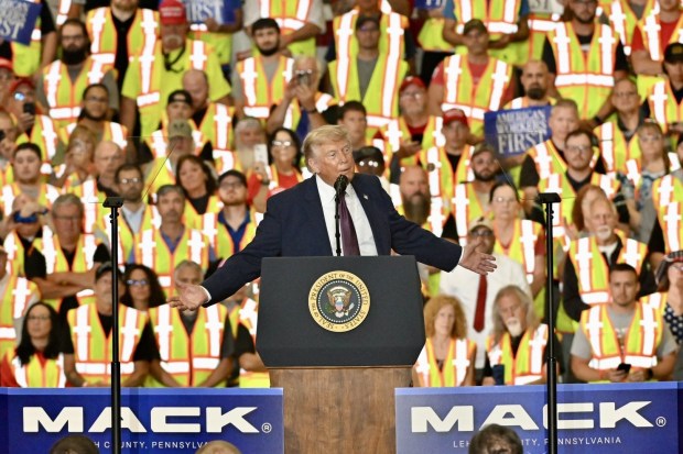 President Donald J. Trump speaks Tuesday, June 23, 2026, at Mack Truck in Lower Macungie Township. (April Gamiz/The Morning Call)