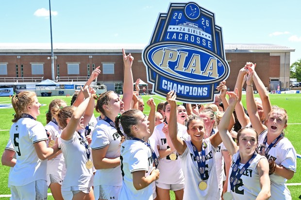 Twin Valley celebrates after winning the PIAA Class 2A girls lacrosse title on Saturday at Penn State. The Raiders beat Wyomissing 11-5 for the championship. (Photo courtesy of Joe Evans)