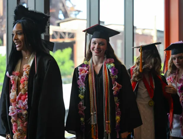 Lehigh Valley Charter High School for the Arts held its graduation Monday, June 8, 2026, at the ArtQuest Center at SteelStacks in Bethlehem. Students gathered on the second floor of the center before ascending to the third floor for the ceremony. (Avery Folmar/The Morning Call)