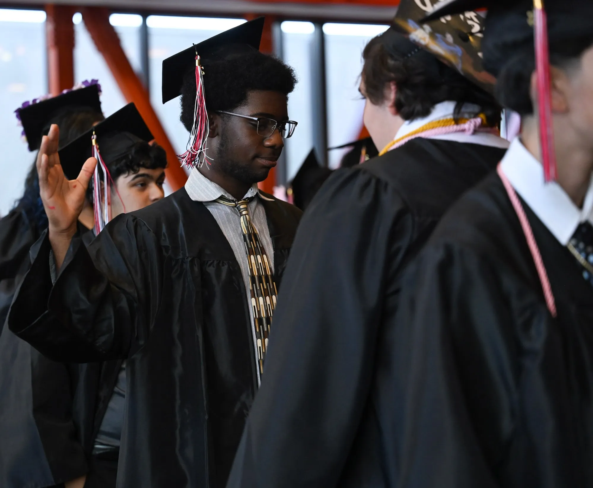 Lehigh Valley Charter High School for the Arts held its graduation Monday, June 8, 2026, at the ArtQuest Center at SteelStacks in Bethlehem. Students gathered on the second floor of the center before ascending to the third floor for the ceremony. (Avery Folmar/The Morning Call)